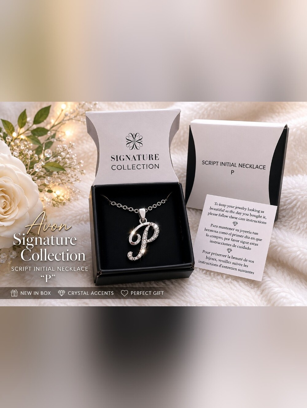 Avon Signature Collection Script Initial P Crystal Necklace NIB